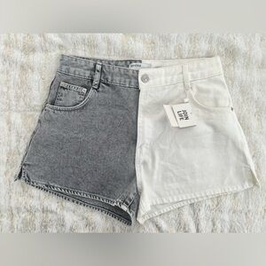 Bershka Two-Tone High-Waist Denim Shorts - Gray & White